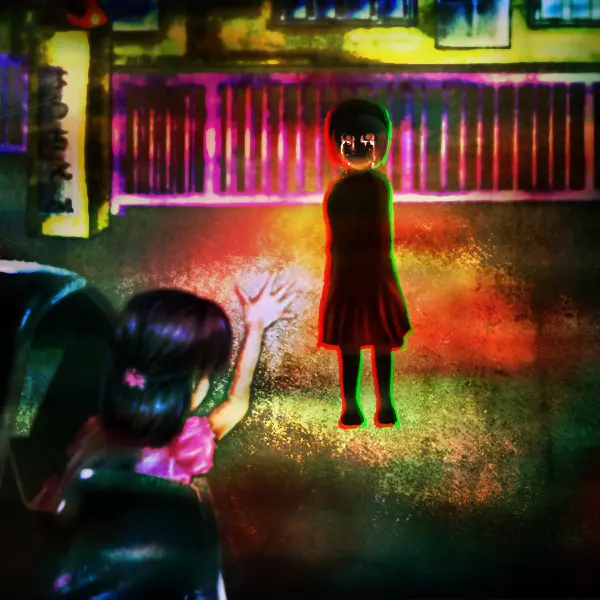 引越の日に、娘がユウチャンの幽霊へ手を振っている姿。